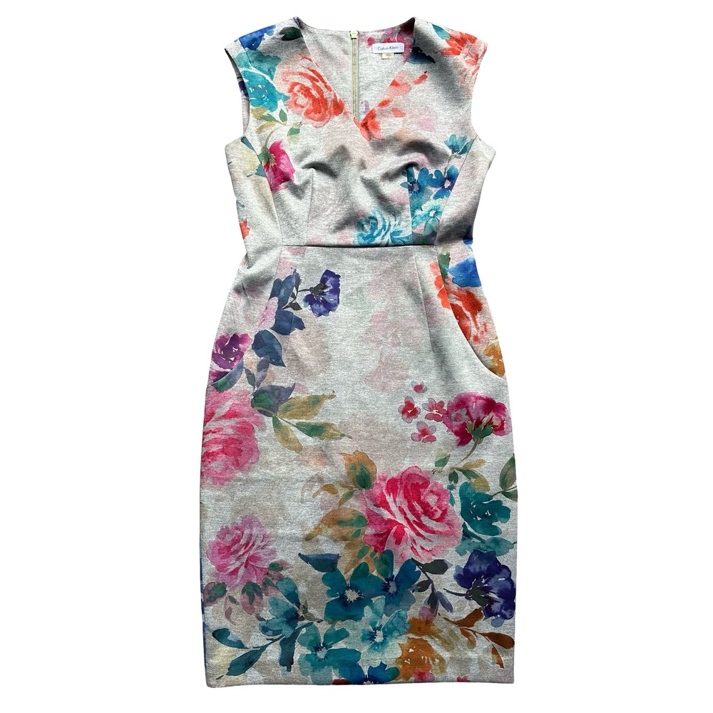 Calvin Klein Sheath Dress Size 4 Gray Heather Floral V-Neck Sleeveless Back Zip